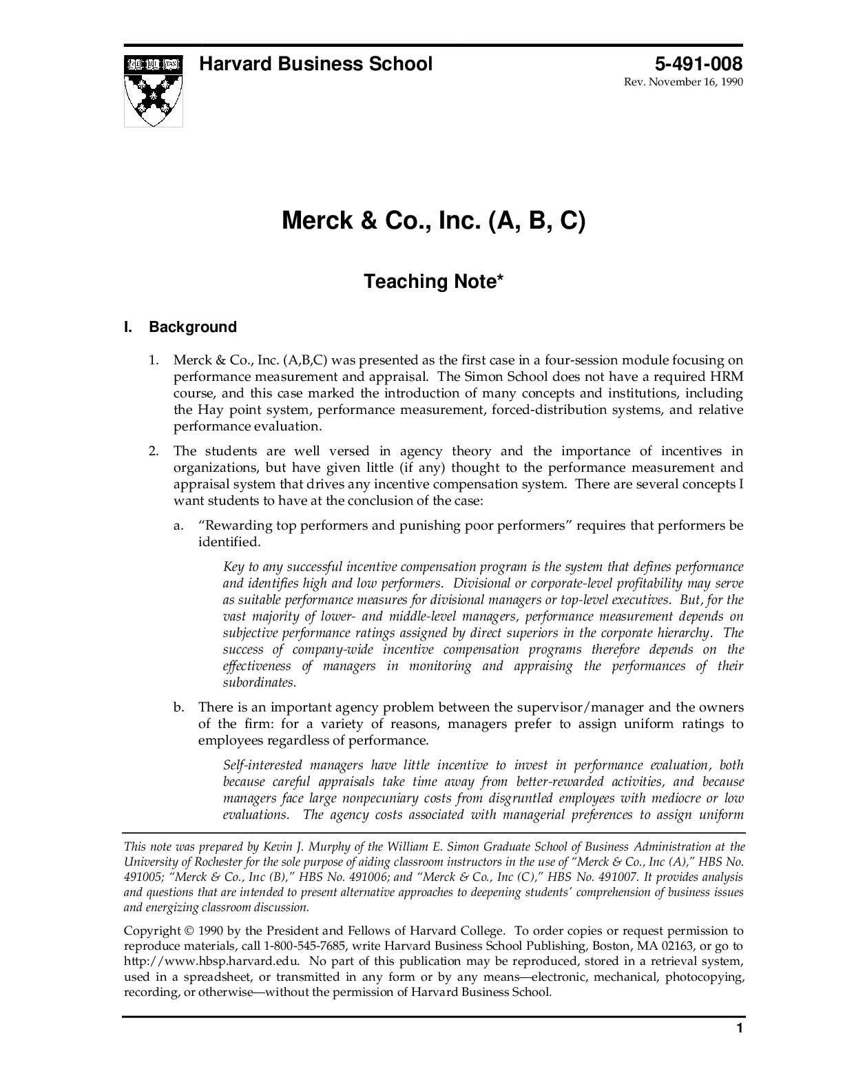 Preview image of Case Solutions/ Notes for MERCK & CO., INC. (A) by Kevin J. Murphy document
